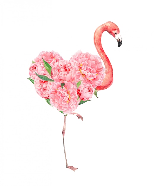 Photo pink flamingo bird with floral heart and peonies flowers.