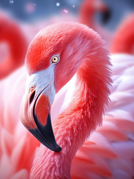 Pink flamingo close up portrait against blur background