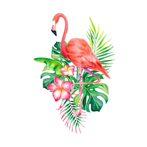 Pink flamingo Composition of monstera palm branch and plumeria on an isolated background An exotic bird Watercolor illustration