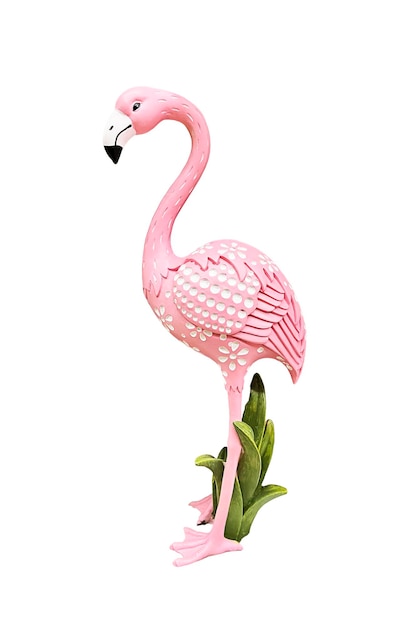 Pink flamingo figure with green leaves isolated on white