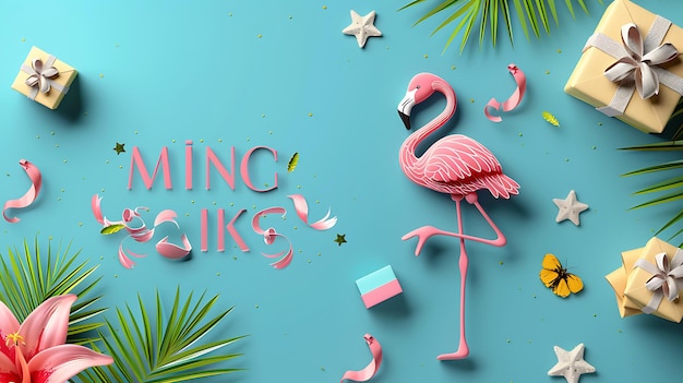 Photo pink flamingo and gifts on blue background