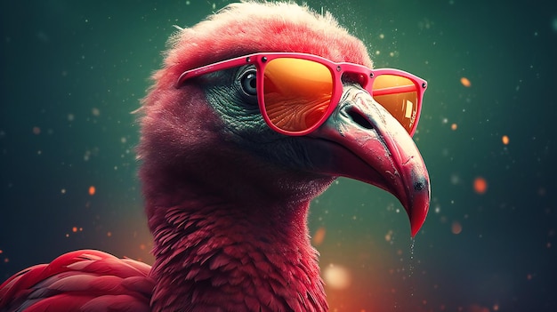 The pink flamingo has sunglasses on its face and is wearing colored sunglasses