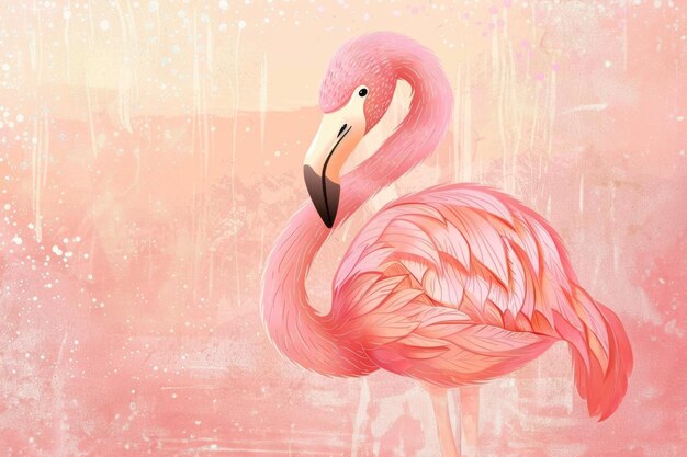 Photo pink flamingo illustration with intricate feather details on a textured pastel pink background with abstract splashes ai