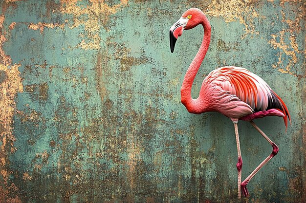 a pink flamingo is standing on a green wall