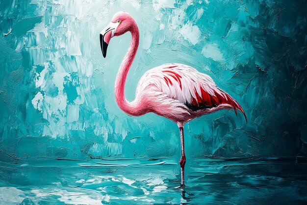 a pink flamingo is standing in the water with a blue background