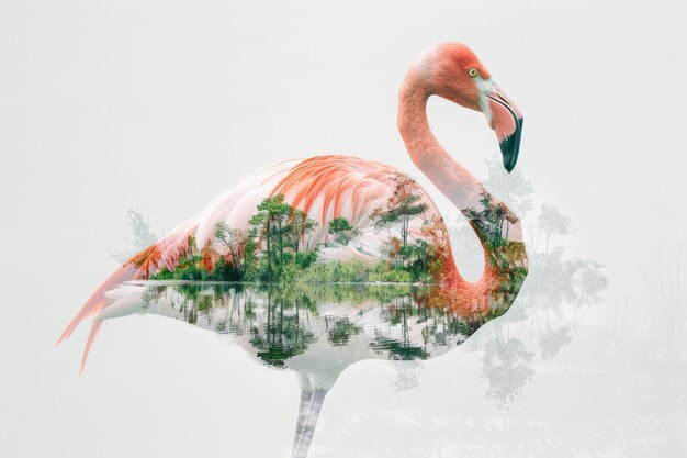 Photo pink flamingo and natures reflection double exposure