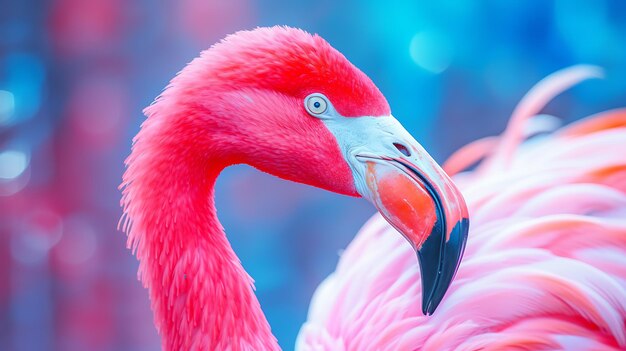 Photo pink flamingo in neon colors background with a closeup