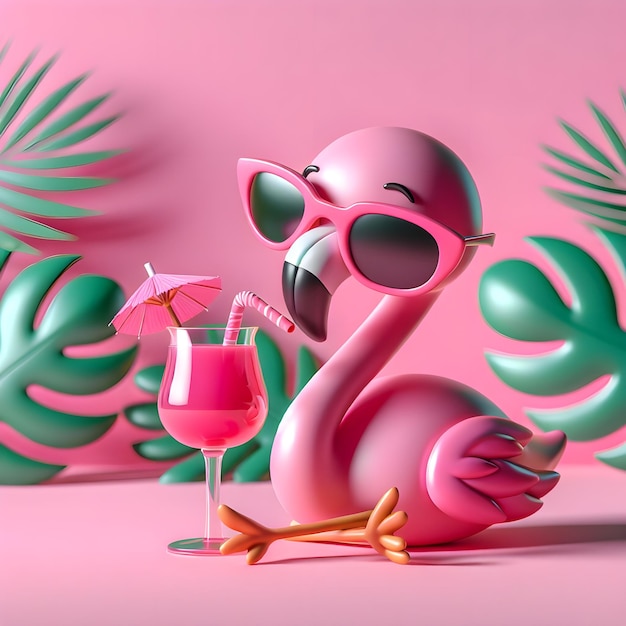 Pink flamingo in pink glasses with cocktail on the pink background decorated with tropical leaves