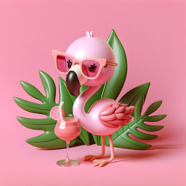 Pink flamingo in pink glasses with cocktail on the pink background decorated with tropical leaves