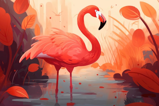 A pink flamingo in a pond with leaves on the ground.