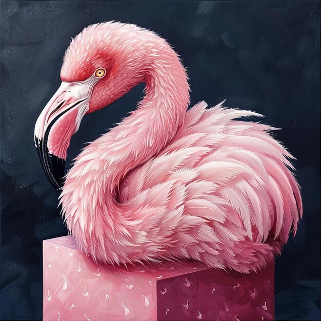 Photo a pink flamingo rests gracefully on a pink cube its feathers soft and delicate