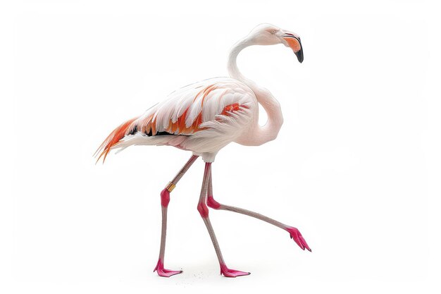 Photo pink flamingo standing on one leg against white background