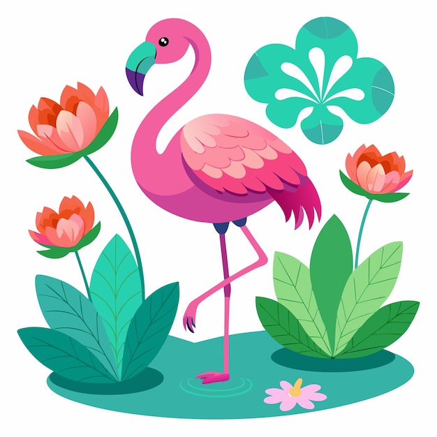 Photo a pink flamingo stands in a patch of grass with flowers and a bird