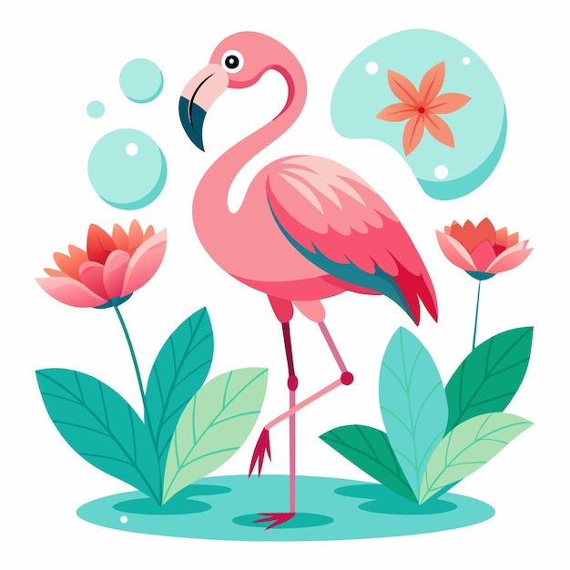 Photo a pink flamingo stands in a pond with flowers and a bird