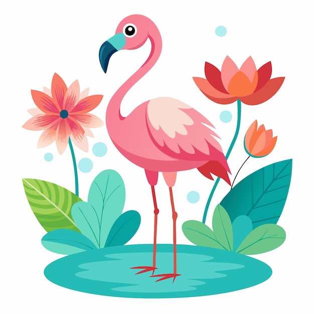 Photo a pink flamingo stands in a pond with flowers and a bird