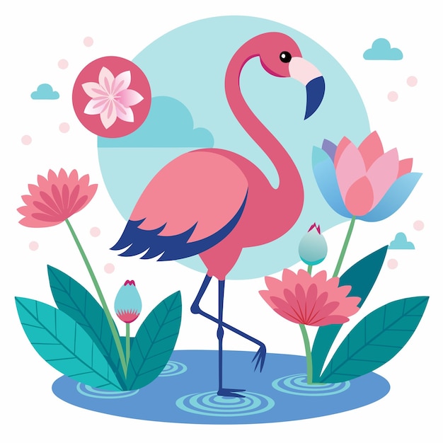 Photo a pink flamingo stands in the water with flowers and flowers