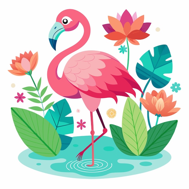 Photo a pink flamingo stands in the water with flowers and plants