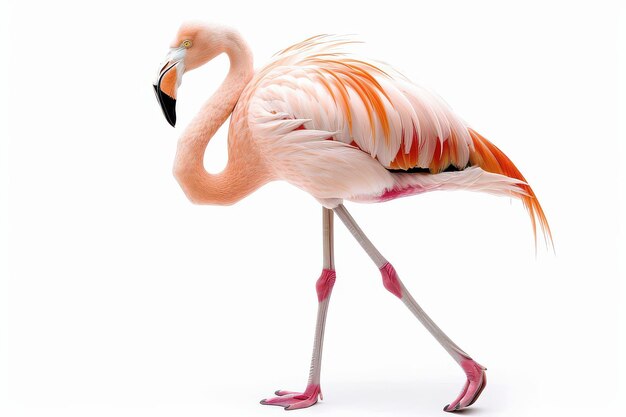 Photo pink flamingo walking on white background