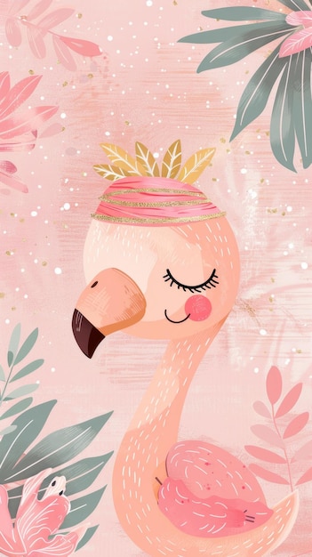 Photo pink flamingo wearing a feather headband eyes closed on a light pink background playful and charming illustration ai