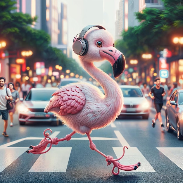 pink flamingo wearing headphones and running on a busy street with cars and people