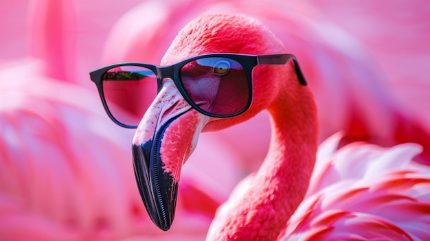 Photo pink flamingo wearing summer sunglasses summer background