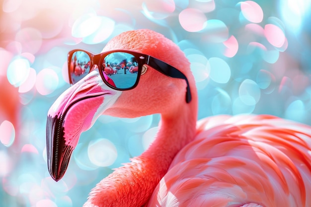 Photo pink flamingo wearing sunglasses