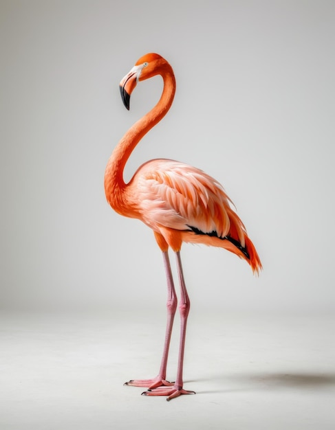 Photo a pink flamingo with a black beak stands on a white background