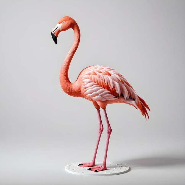 Photo a pink flamingo with a black beak stands on a white surface