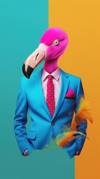 A pink flamingo with a blue suit and a red tie.