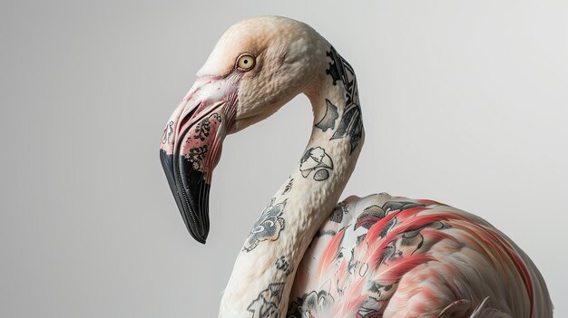 A pink flamingo with intricate tattoos all over its body