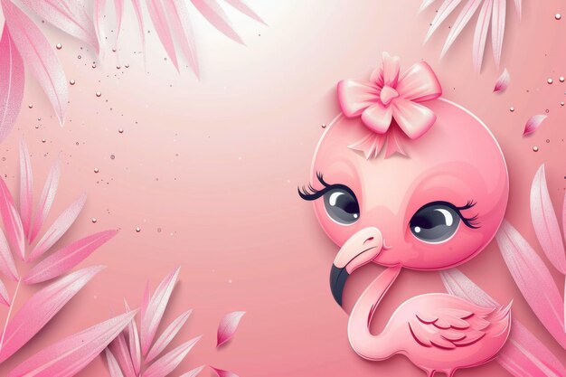 Photo a pink flamingo with large eyes and a pink bow surrounded by green leaves and pink flowers on a soft pastel background ai