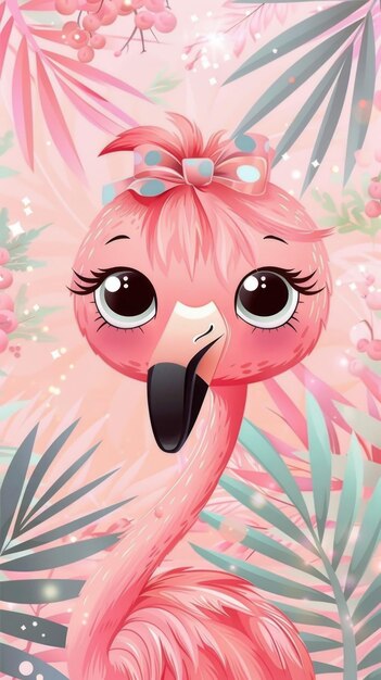 Photo a pink flamingo with large eyes and a pink bow surrounded by green leaves and pink flowers on a soft pastel background ai