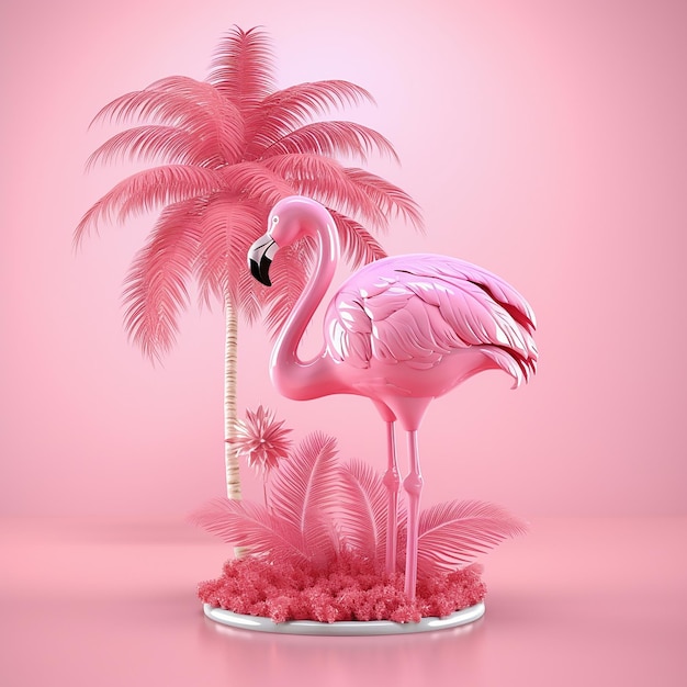 Photo a pink flamingo with palm trees in the background