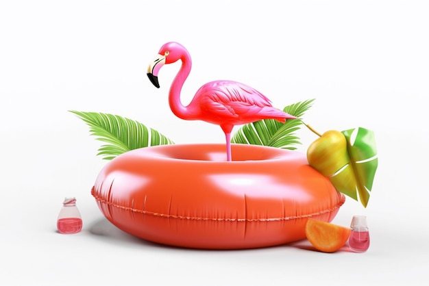 Pink flamingo with pink water circle with palm trees summer season background rest