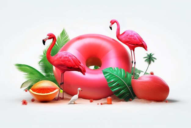 Pink flamingo with pink water circle with palm trees summer season background rest