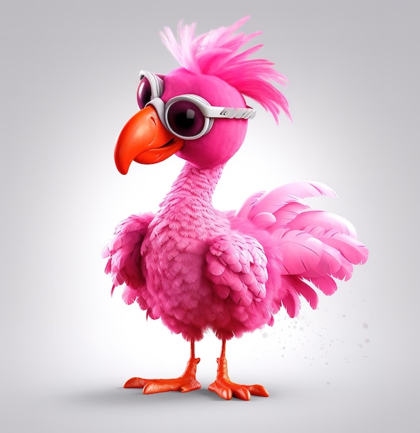 A pink flamingo with sunglasses and a pink beak is wearing a pair of sunglasses.