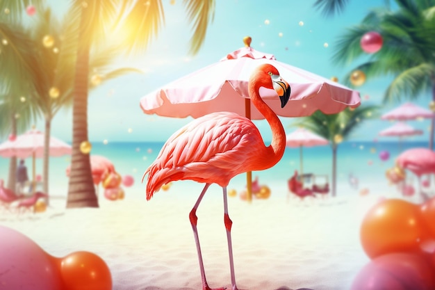 Pink flamingo with umbrella on the beach 3d illustration