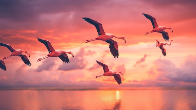 Photo pink flamingos flying against a dramatic sunset