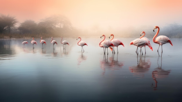 Pink Flamingos in Misty Sunrise