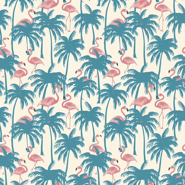 pink flamingos in the palm trees