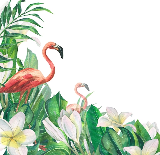 Pink flamingos among tropical palm leaves monstera and plumeria flowers Watercolor illustration Banner from the BEACH BAR collection For the design and decoration of postcards posters menus