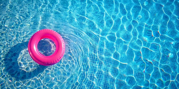 a pink floatation device in a swimming pool with a pink tube in the water