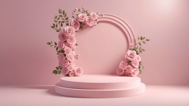 a pink floral arch with roses on it