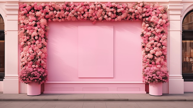 Pink floral archway framing empty storefront display ai generated mockup photography