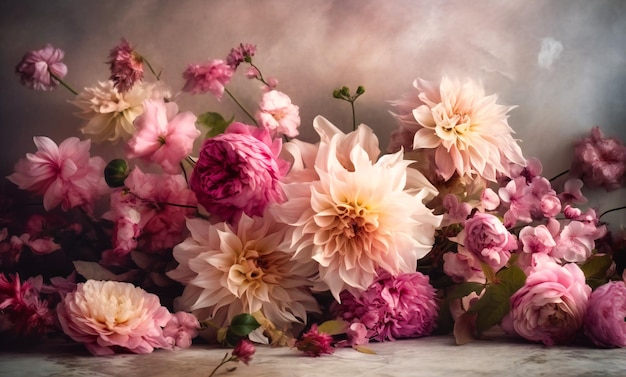 Pink floral arrangement against stone background