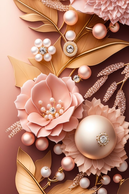 Pink floral background with gold flowers and pearls.