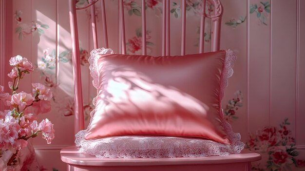 Pink Floral Chair with Pillow Interior Design Illustration