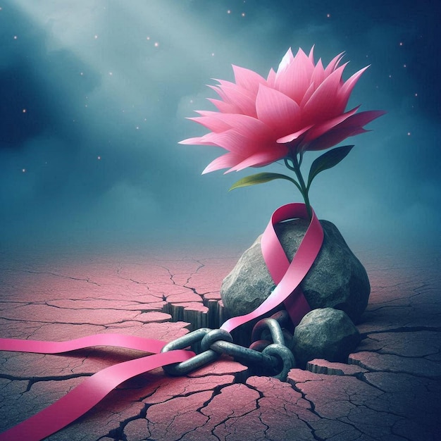 Pink flower blooming out of a cracked stone