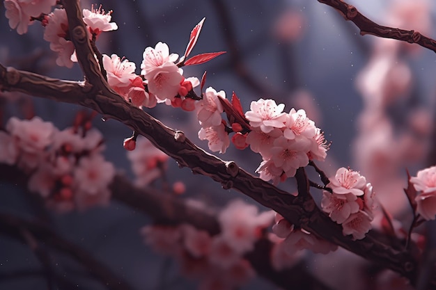 A pink flower branch with a red leaf in the center.