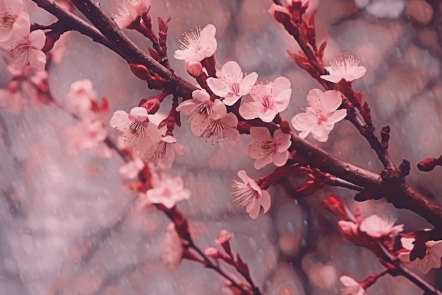 A pink flower on a branch with the word cherry on it